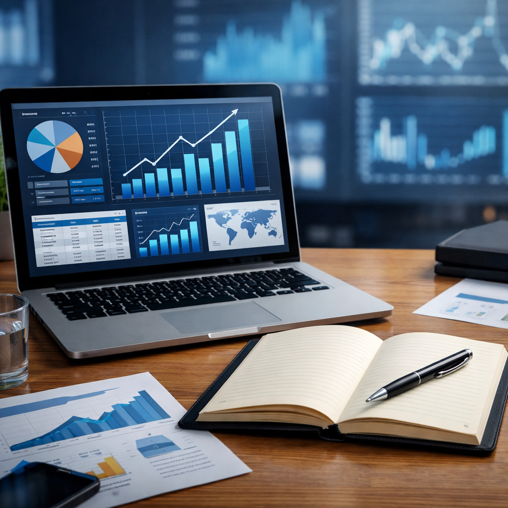 A clean, modern workspace featuring a laptop displaying various marketing automation dashboard icons and growth charts.